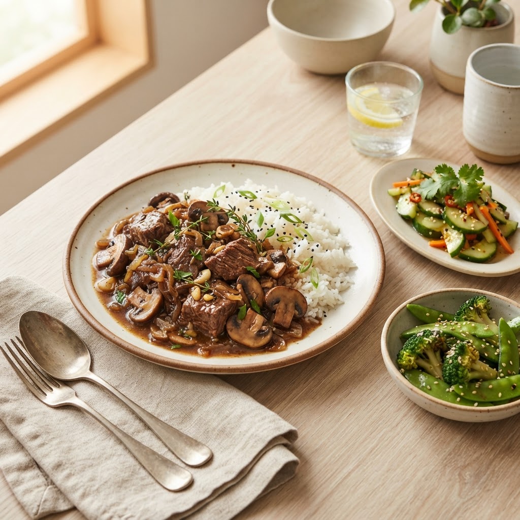 BEEEF MUSHROOM SAUSE W RICE AND SIDE DISH