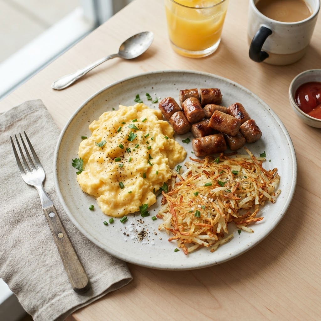 SCRAMBEL EGG W SAUSAGE AND HASH BROWN