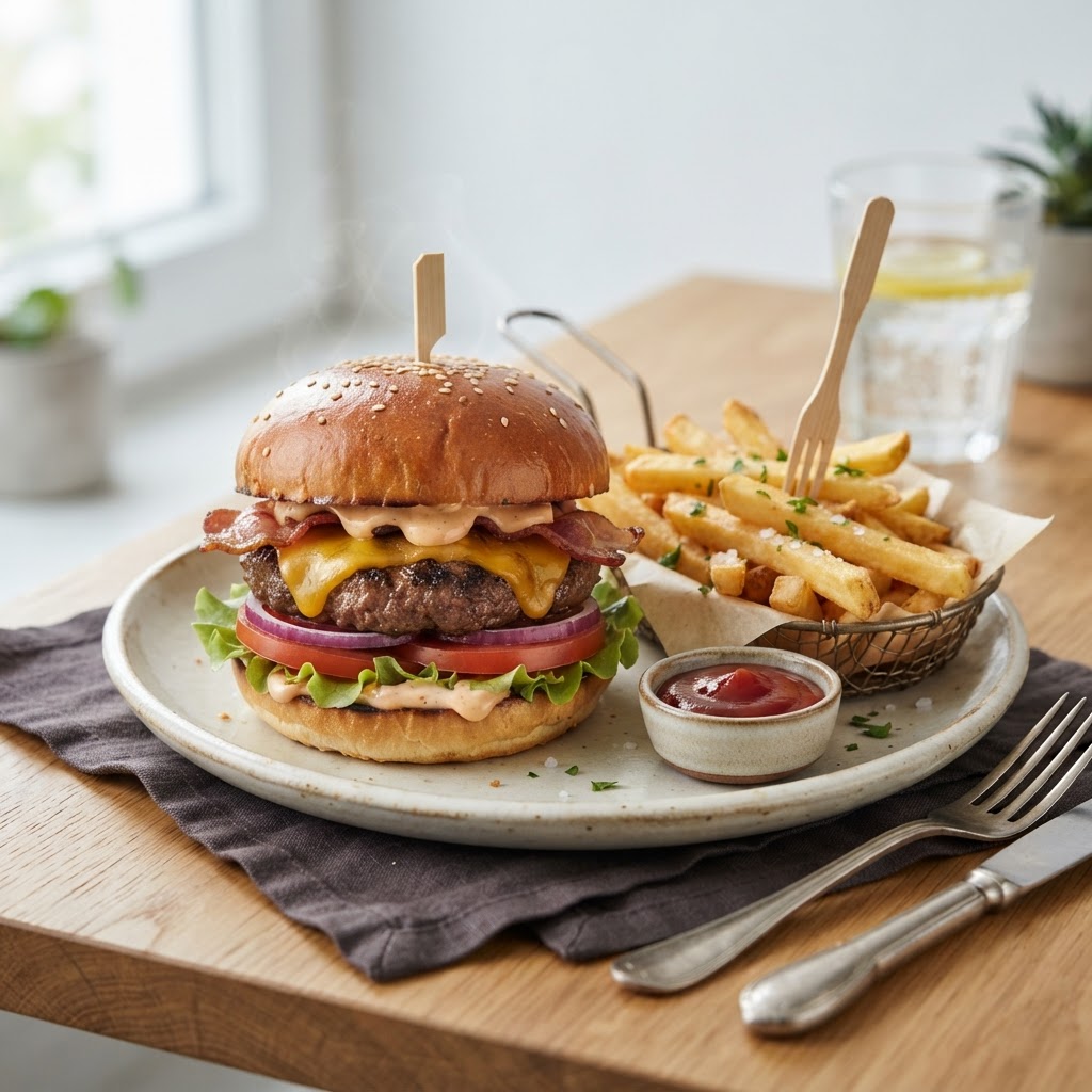 BEEF BURGER W CHEESE AND FRENCH FRIES