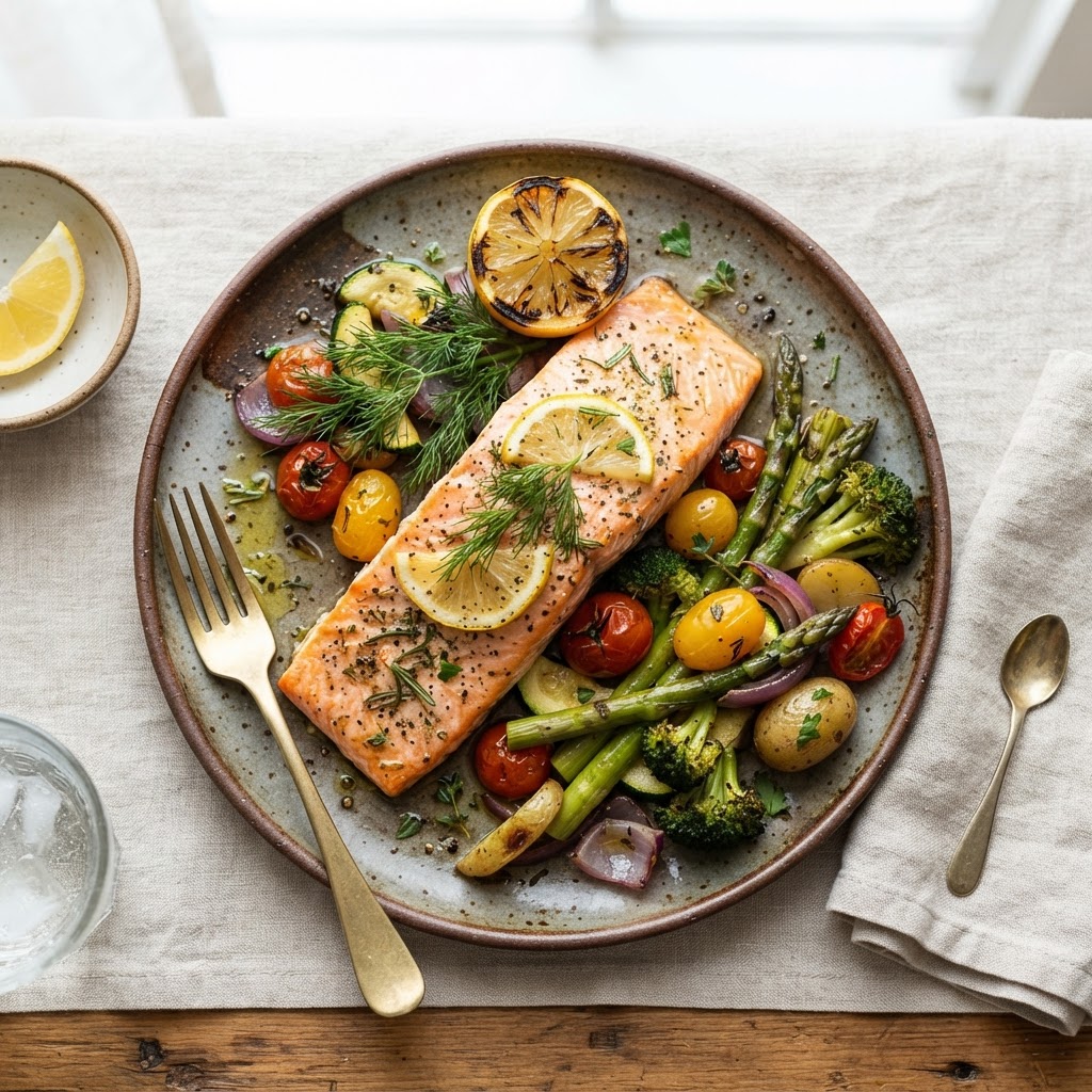 BAKES SALMON W VEGETABLE