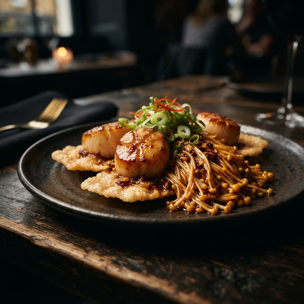 XO King Scallops with Spicy Golden Mushrooms and Crispy Rice Crackers