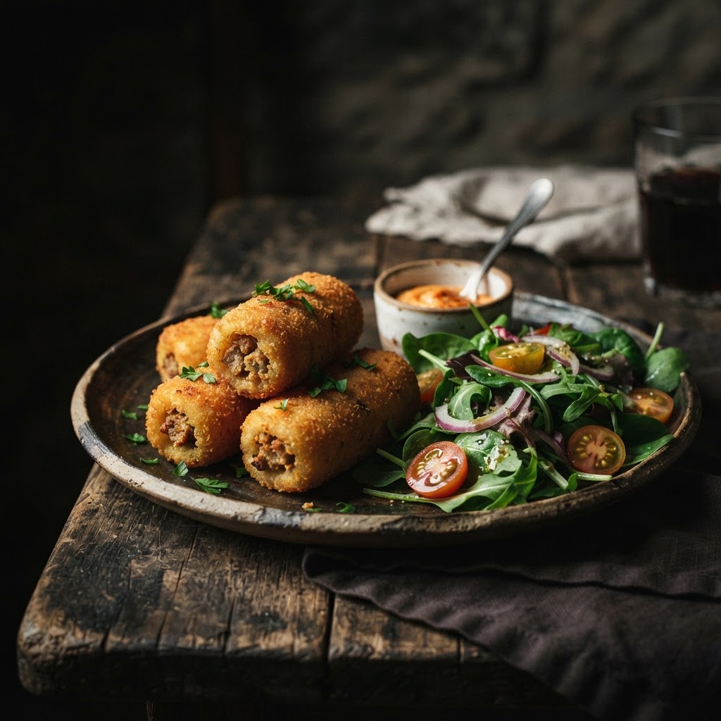 Spiced Pork Cubes Croquette with Mixed Salad