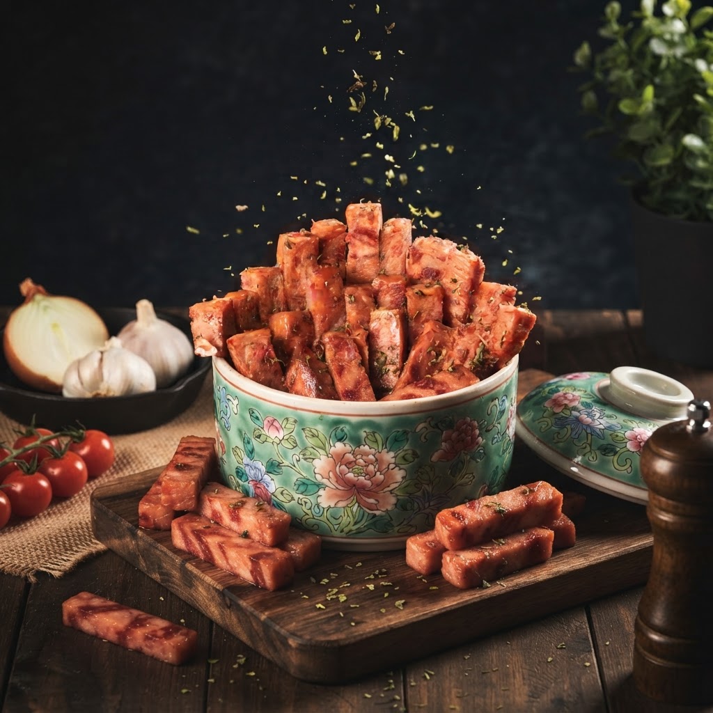 Crispy MaLing Luncheon Meat Fries with Caramelized Onions & Cherry Tomatoes