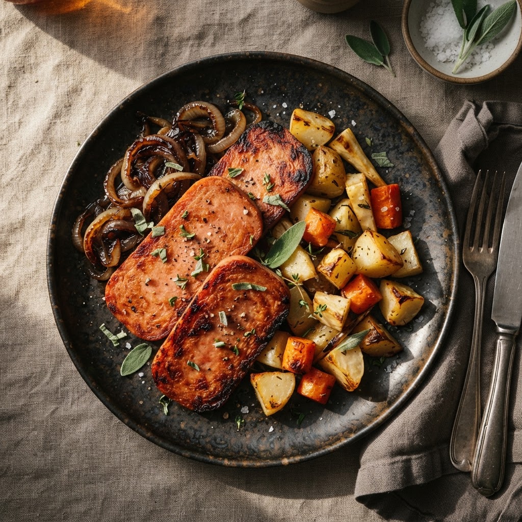 Crispy Seared Luncheon Meat with Caramelized Vegetables