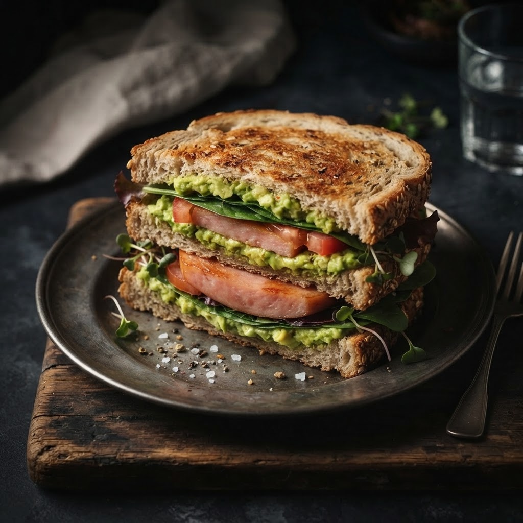 Luncheon Meat with Smashed Avocado Sandwich
