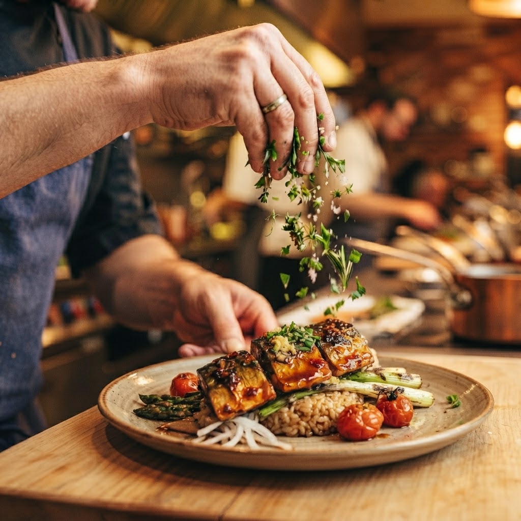 Chef's hands seasoning a mackerel in miso sauce dish