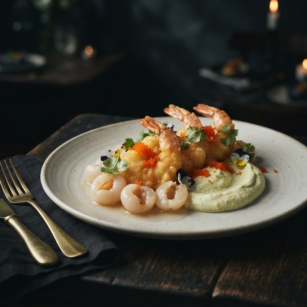 Lychee with Wasabi Prawns