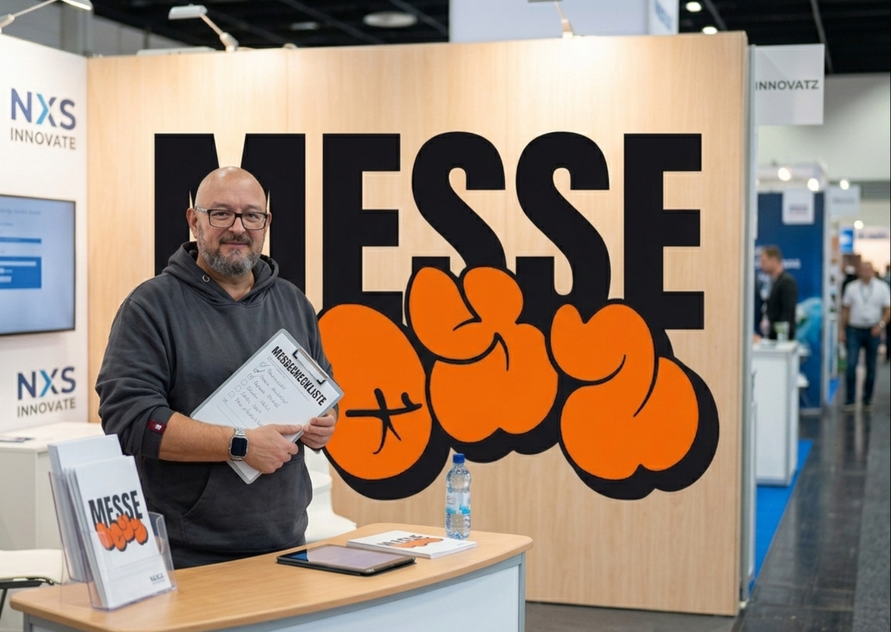 Aussteller mit Messe-Checkliste am Messestand