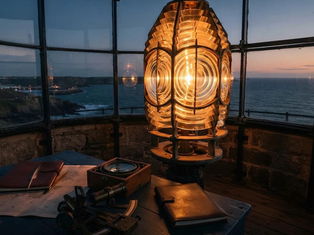 Leuchtturm-Linse und Navigationsinstrumente in der Abenddämmerung, Symbol für sichere Führung
