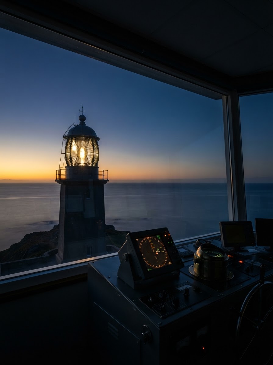 Leuchtturm-Linse und Navigationsinstrumente in der Abenddämmerung – Symbol für sichere Führung