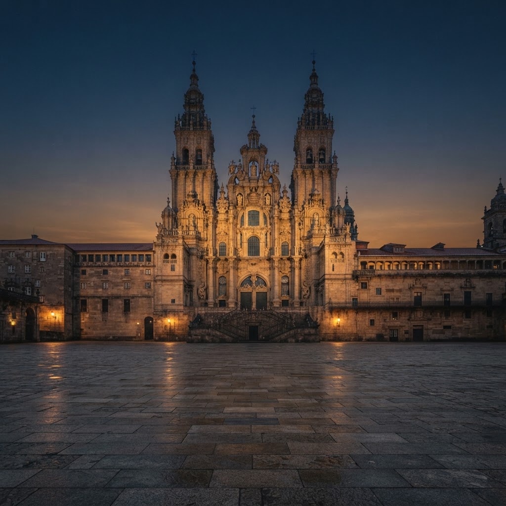 Catedral de Santiago de Compostela iluminada al atardecer