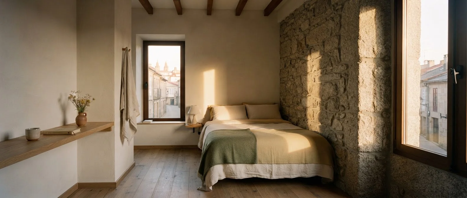Interior luminoso del Hostal San Pelayo con muro de piedra granítica