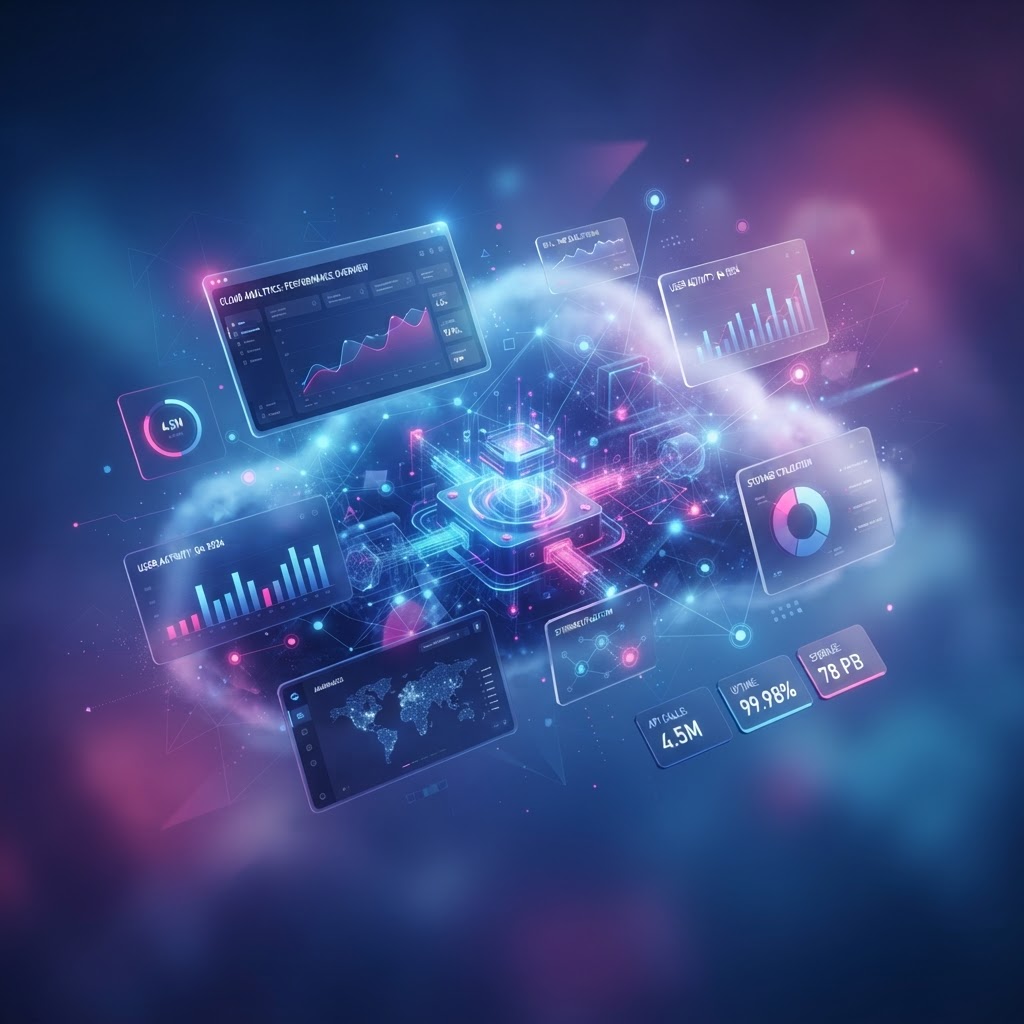 Piattaforma SaaS: dashboard cloud con analytics e dati aziendali flottanti