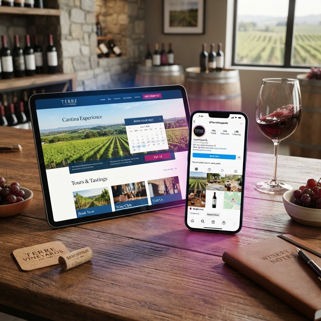 Promozione Digitale: tablet e smartphone con sito cantina, booking e feed social su tavolo in legno