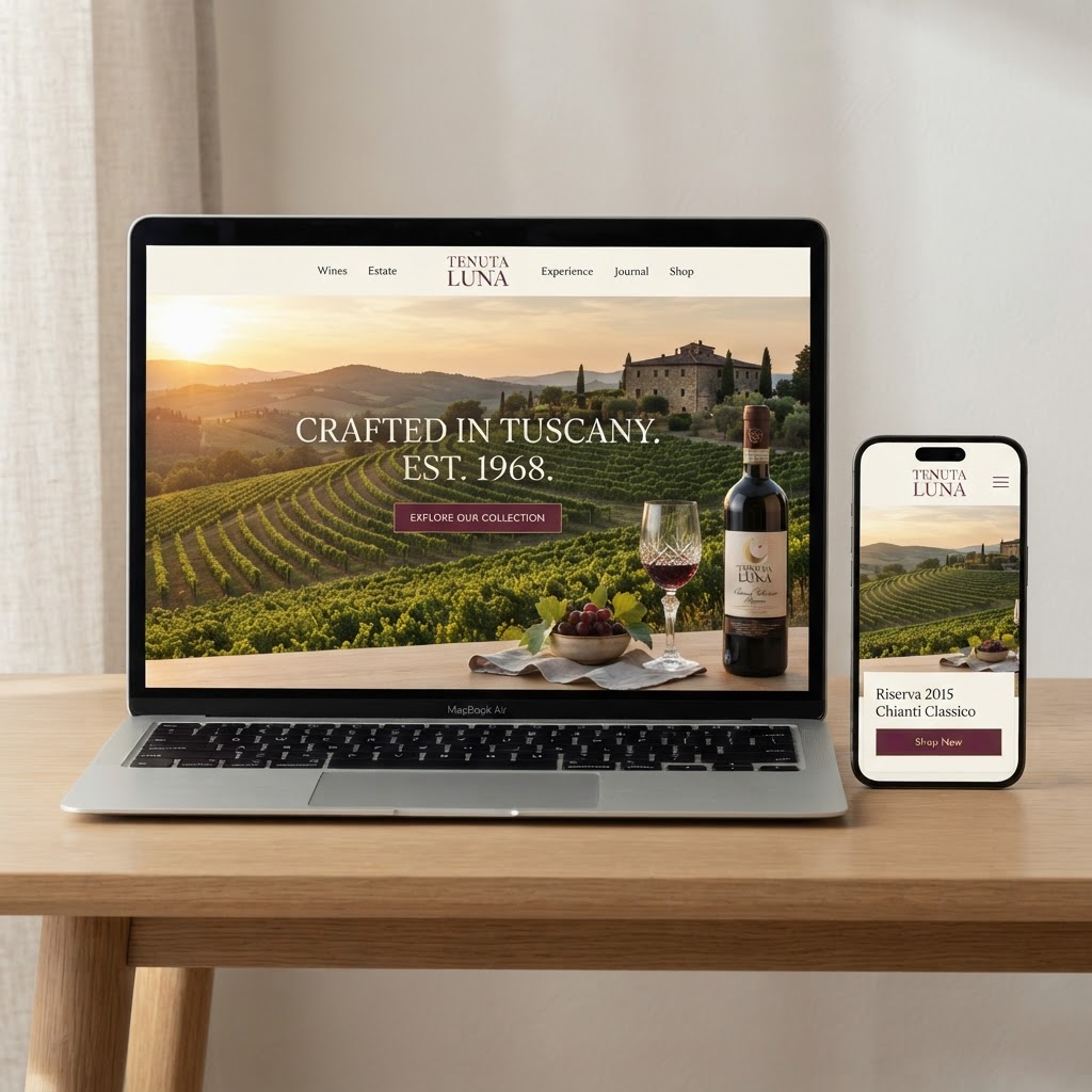 Sito completo per cantine: mockup su laptop e smartphone di un sito web enoteca premium