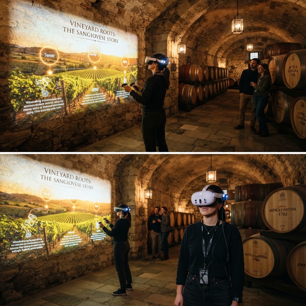 Esperienze Immersive: visitatore con visore in cantina storica con storytelling interattivo proiettato sulle pareti