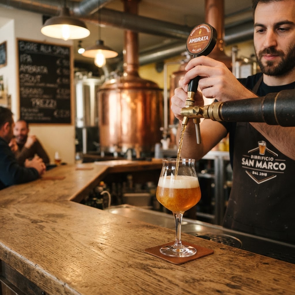 Consumo di birra in Italia: birra artigianale versata in un calice in un birrificio italiano