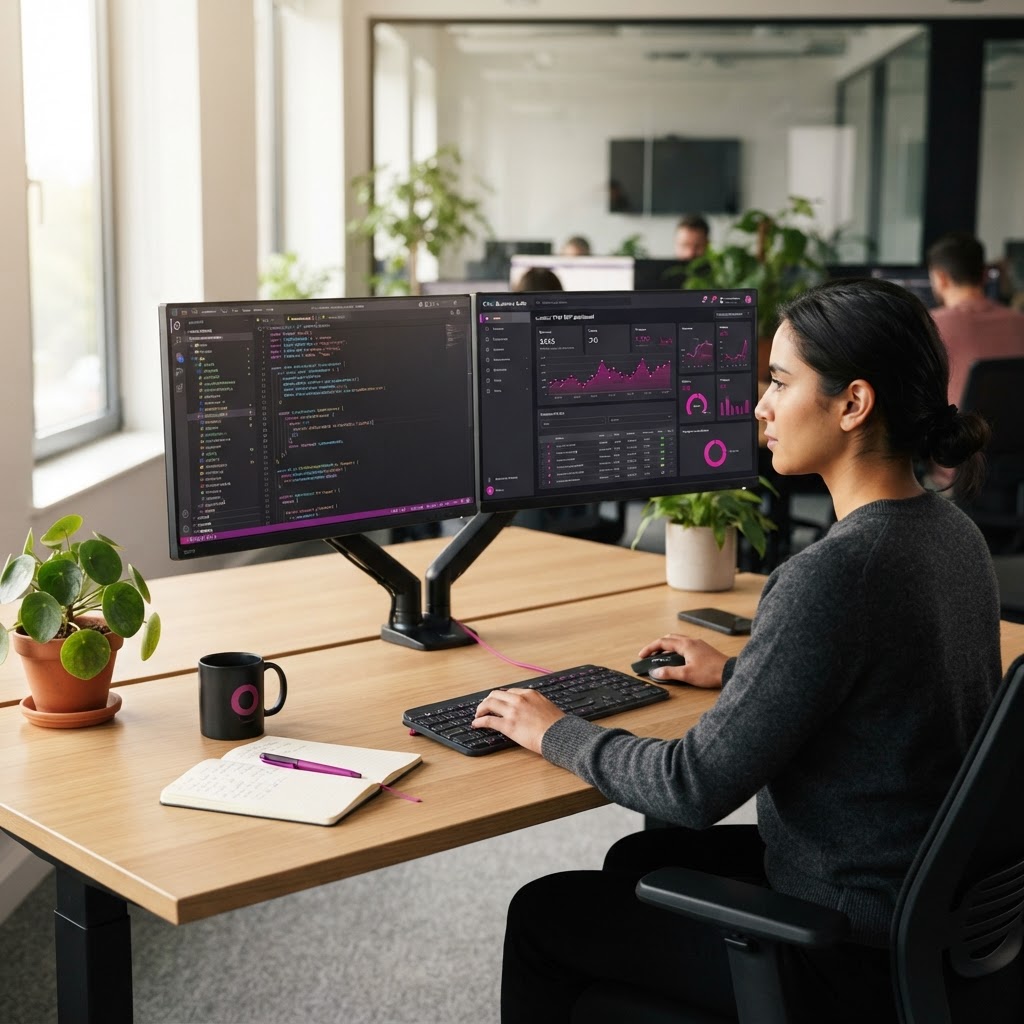 Sviluppo software personalizzato: sviluppatore al computer con interfaccia aziendale su misura