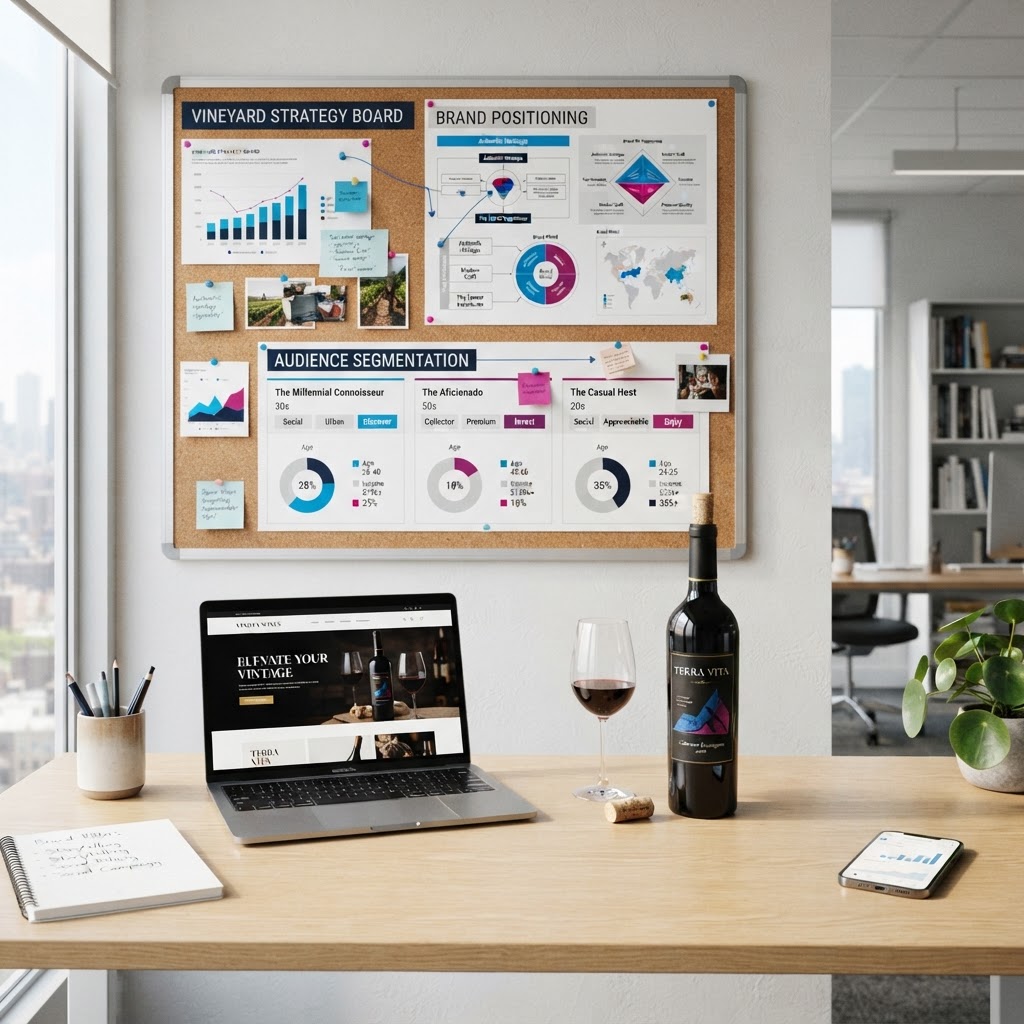 Consulenza Marketing: board di strategia di branding del vino con segmentazione del pubblico e identità di marca