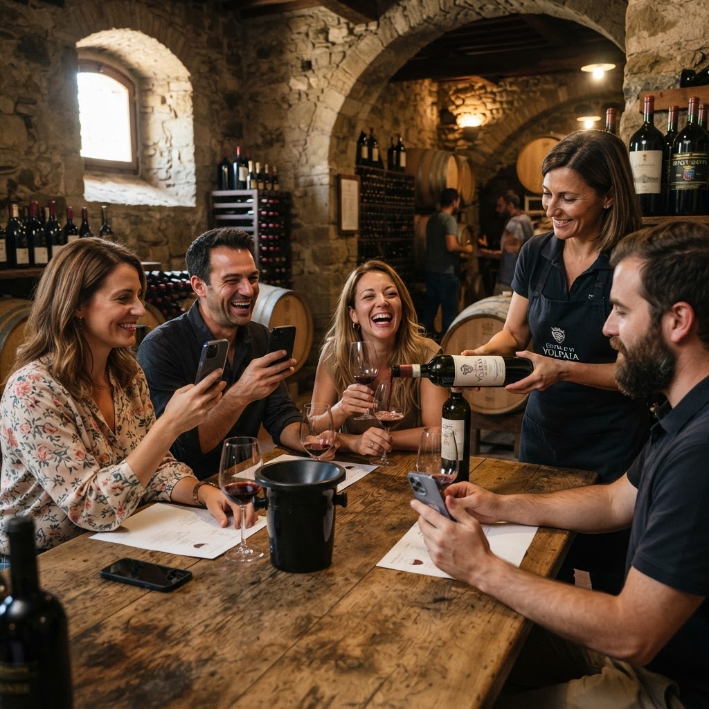 Visite in cantina: turisti in degustazione con smartphone per la prenotazione online
