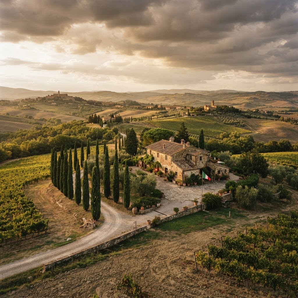 Primato italiano enoturismo a rischio: paesaggio toscano con vigneti e patrimonio territoriale