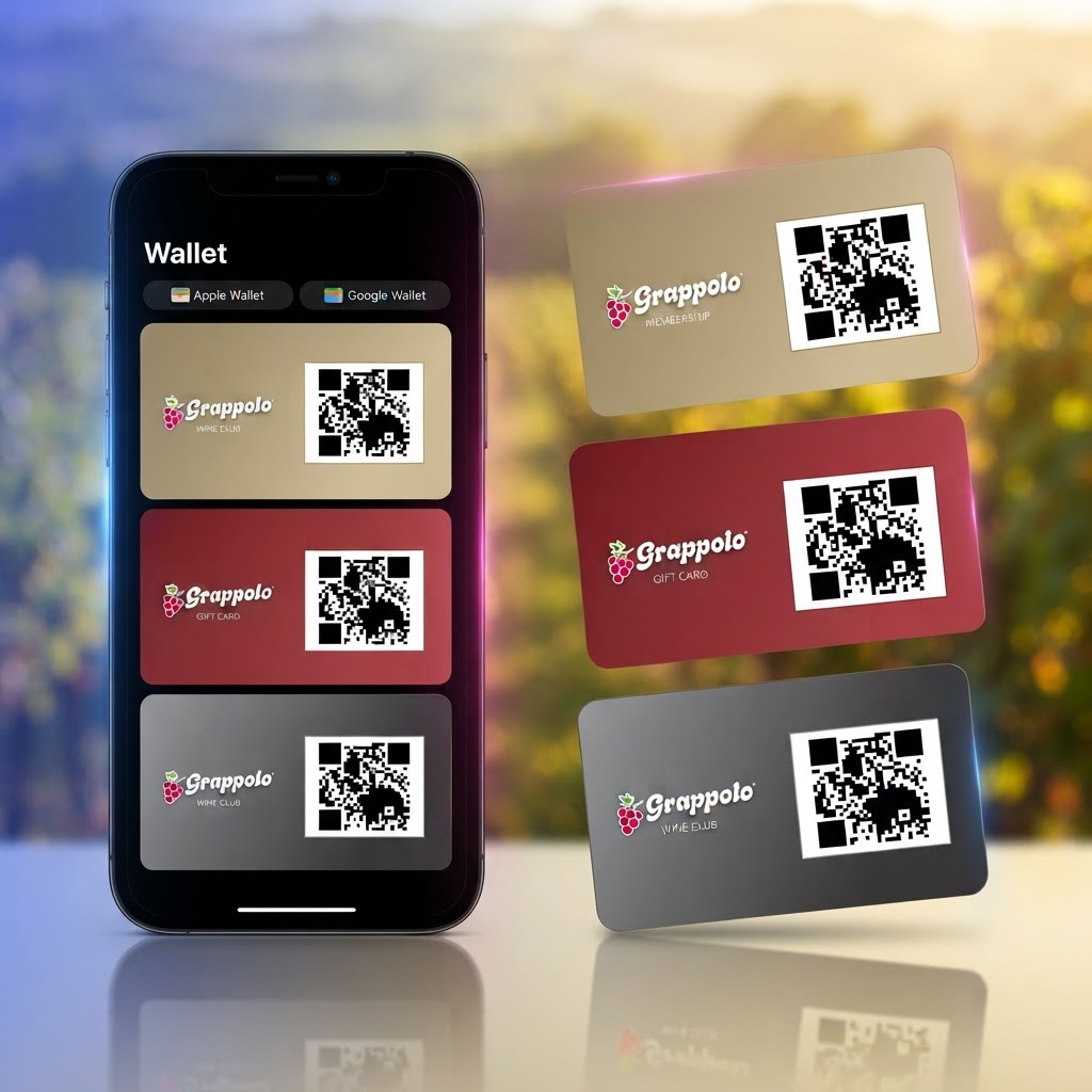 Grappolo Wallet per iOS e Android: smartphone con le tre tessere reali (Membership, Gift Card, Wine Club) e tessere flottanti su sfondo vigneto