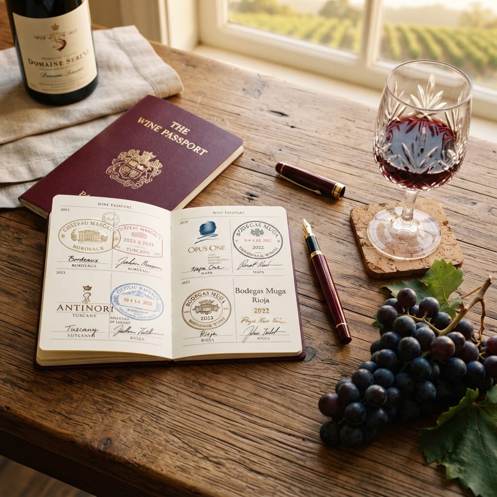 Passaporto digitale del Vino: libretto con timbri di cantine su tavolo rustico