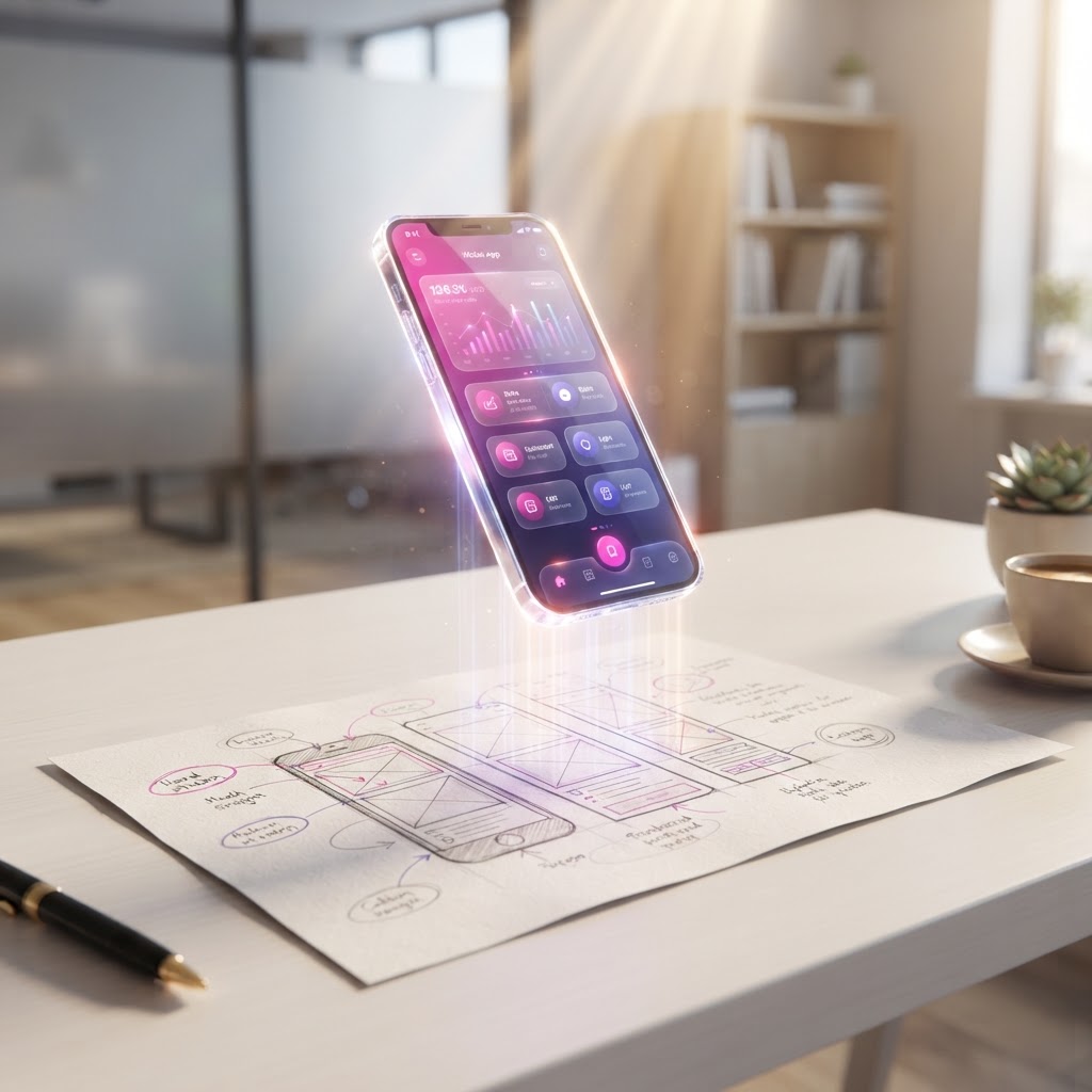 AppForge: concept di app che nasce da uno schizzo e si trasforma in una app mobile rifinita su sfondo chiaro elegante