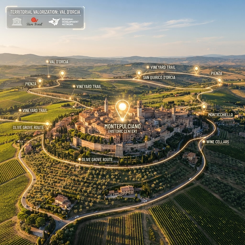 Valorizzazione Territoriale: borgo italiano circondato da vigneti con mappa digitale che connette i comuni del territorio