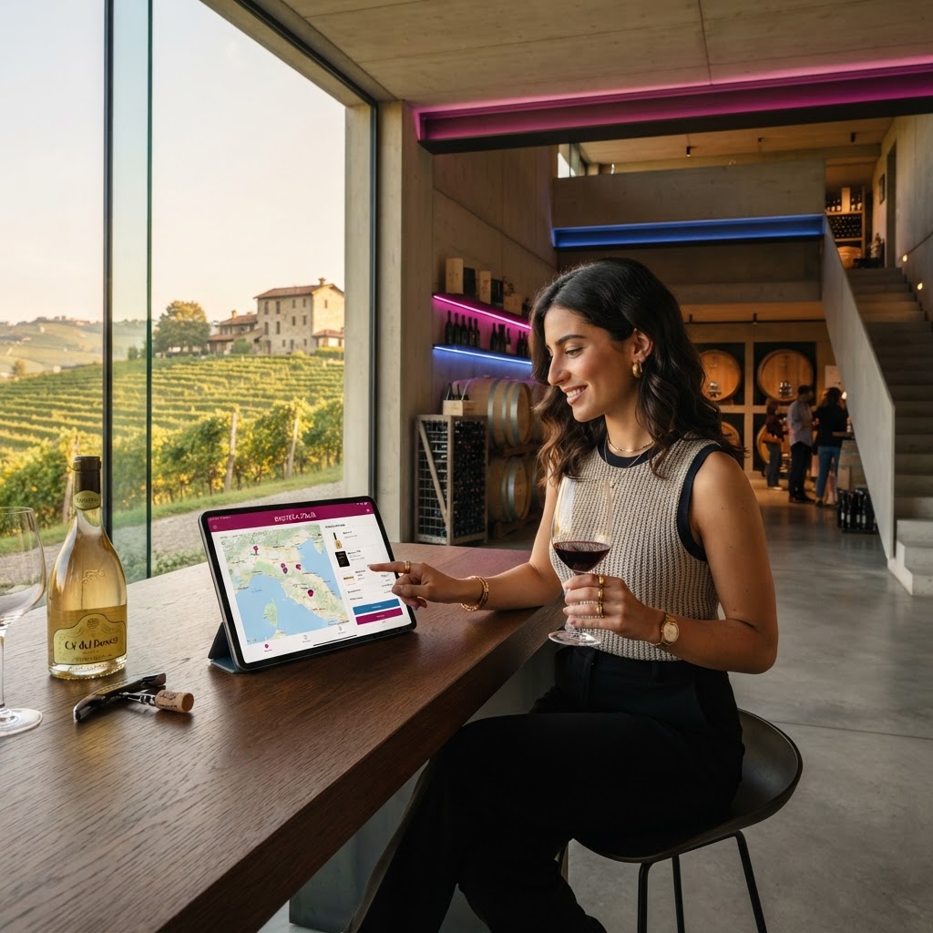 Cantina moderna con tablet che mostra un'app di enoturismo e vigneto sullo sfondo