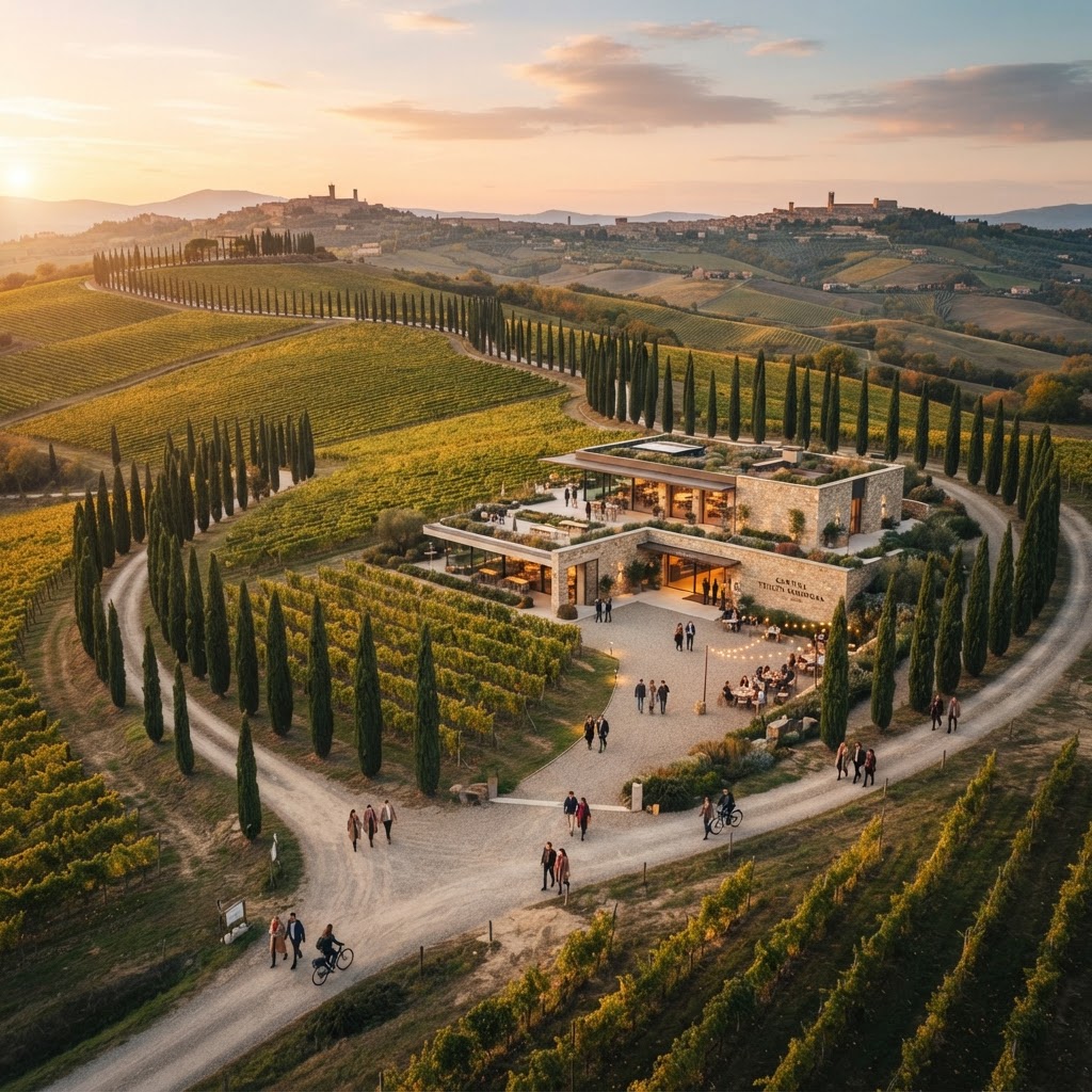 Enoturismo 2026: vigneto italiano con turisti e cantina sullo sfondo