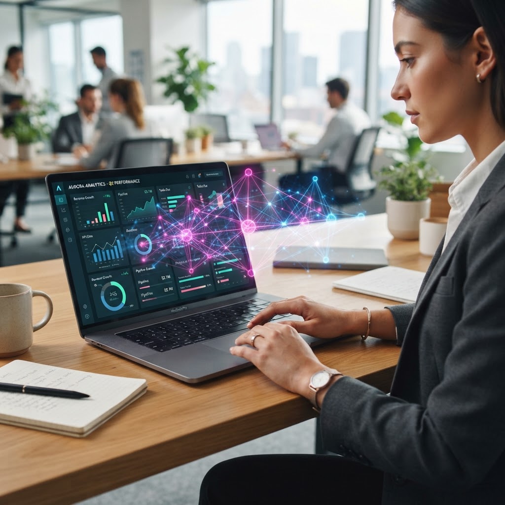Intelligenza artificiale nel software aziendale: rete neurale sovrapposta a una dashboard su laptop