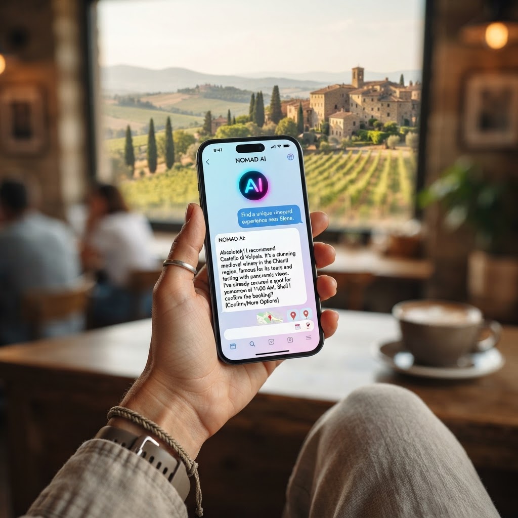 Intelligenza artificiale e turismo: turista con smartphone che usa un assistente AI per scegliere una cantina