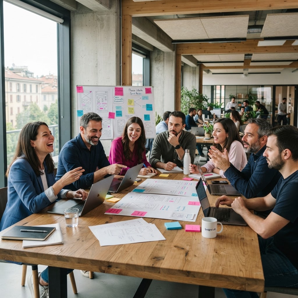 Software house italiana: team di sviluppo in riunione collaborativa con laptop e bacheche di design