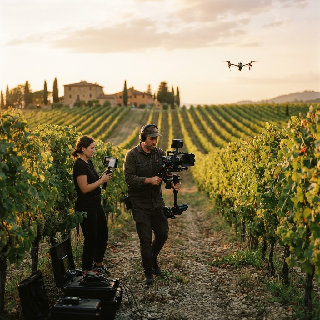 Video professionale per cantine: ripresa cinematografica con drone e camera su vigneto al tramonto