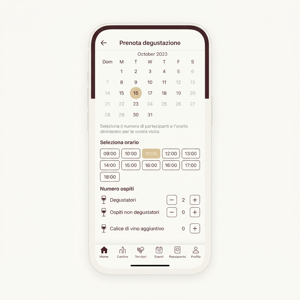 Grappolo Connect: interfaccia di prenotazione degustazione con calendario e fasce orarie