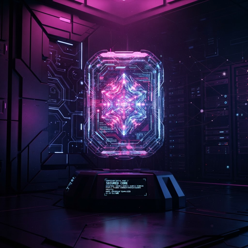 Prodotti digitali proprietari: nucleo software protetto in ambiente minimale, render 3D