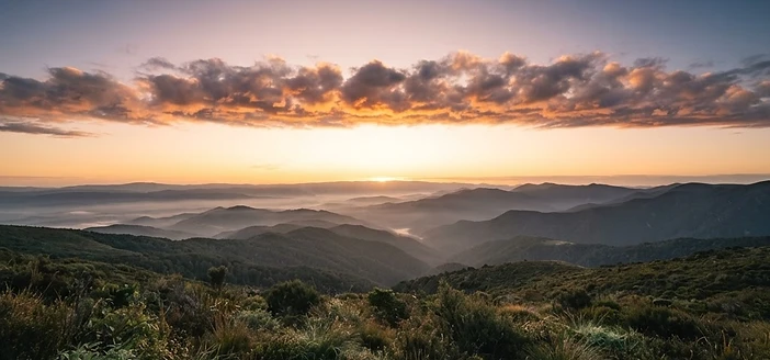Golden sunrise breaking over a misty eastern horizon