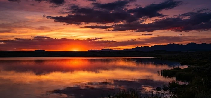 Vivid crimson and amber sunset over a quiet western horizon
