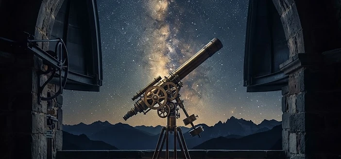 An antique brass telescope open to the Milky Way inside a stone observatory dome