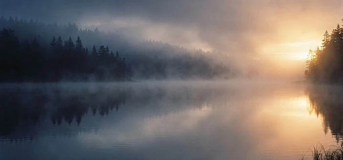 Morning fog drifting over calm water as golden dawn light begins to burn through