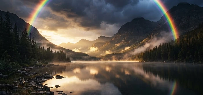 A full rainbow arching over a mountain lake at sunset