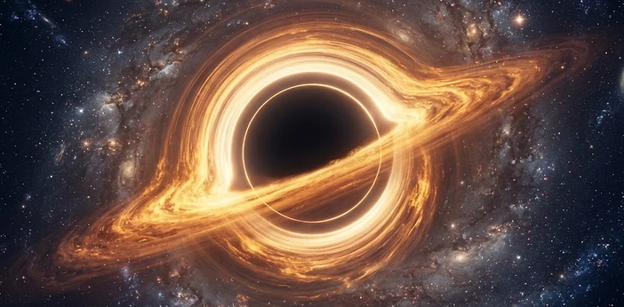 Supermassive black hole with a glowing orange accretion disk and a perfect black shadow
