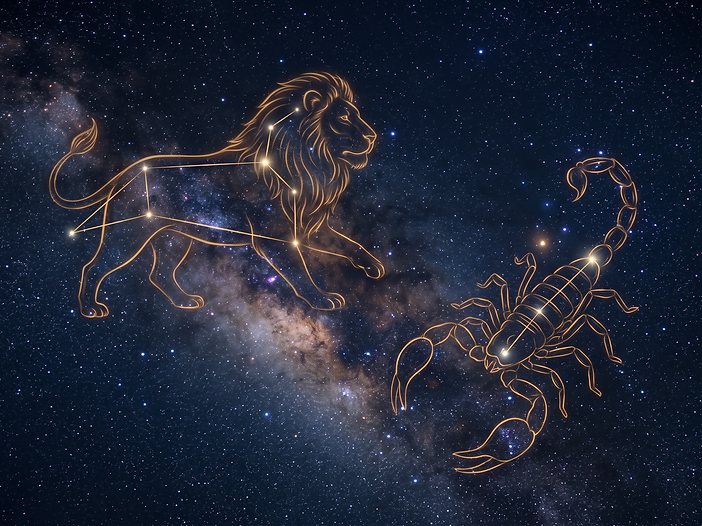 Leo the lion and Scorpius the scorpion traced in glowing gold line art over the Milky Way