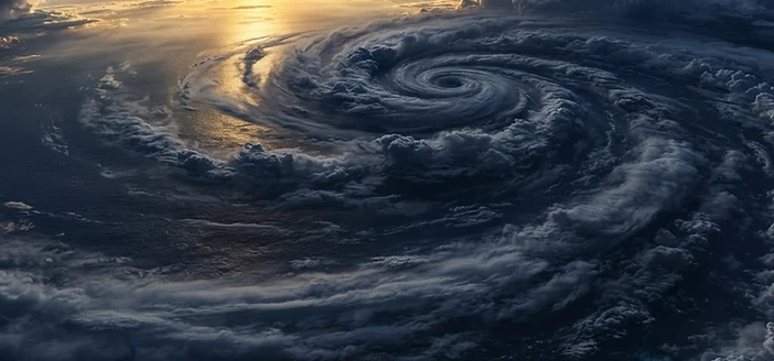 A vast swirling atmospheric weather system seen from above