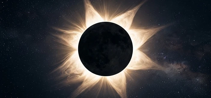 A total solar eclipse — a black disc crowned by a blazing white-gold corona against deep space