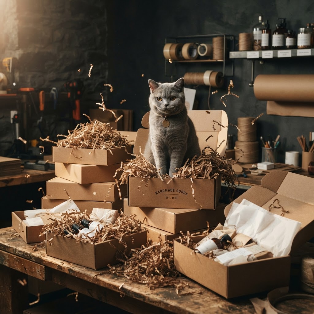 PapurrShreds packaging workshop with cardboard boxes and shredded paper