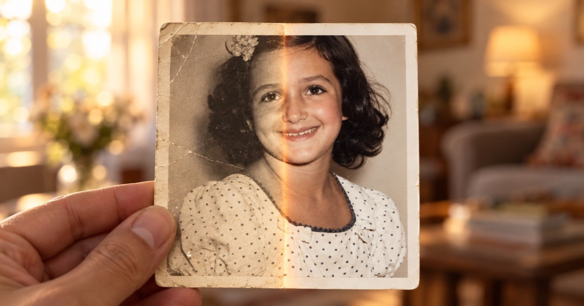 A young girl smiling at a tablet, representing the joy of reliving family memories with Linof.ai.