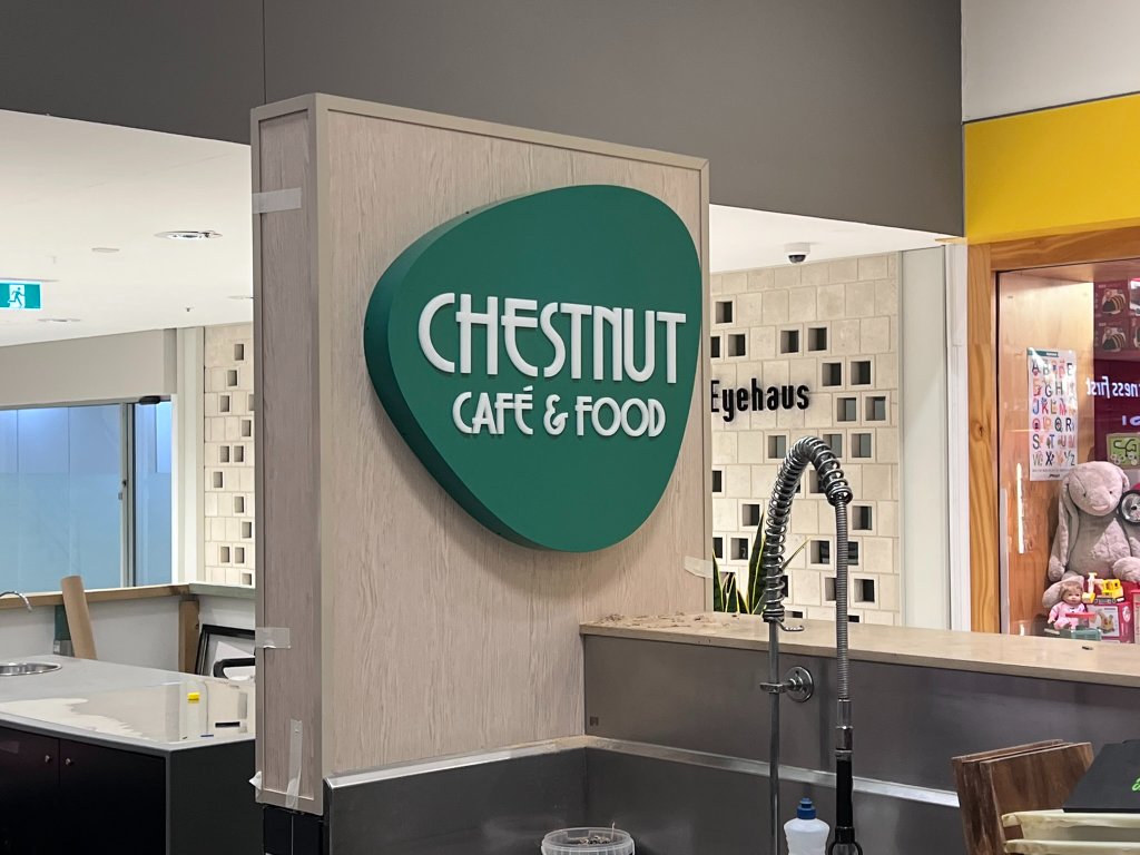 Custom 3D Café Signage — Chestnut Café — photo 8: Custom 3D Signage, Fabricated Lettering, Vinyl Decals, Shopping Centre Installation