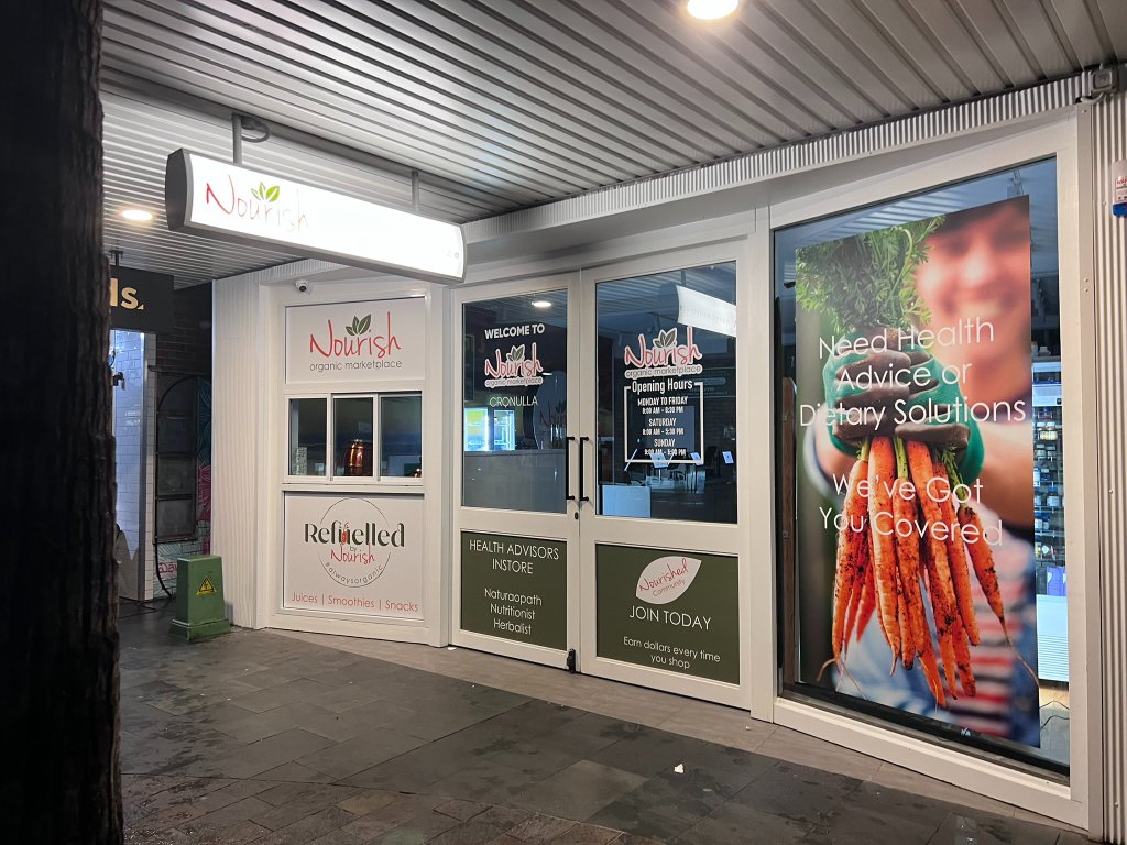 Nourish Organic Marketplace — photo 2: 3D Wall Signage, Illuminated Lightboxes, Window Graphics, Vinyl Decals, Fitout Signage